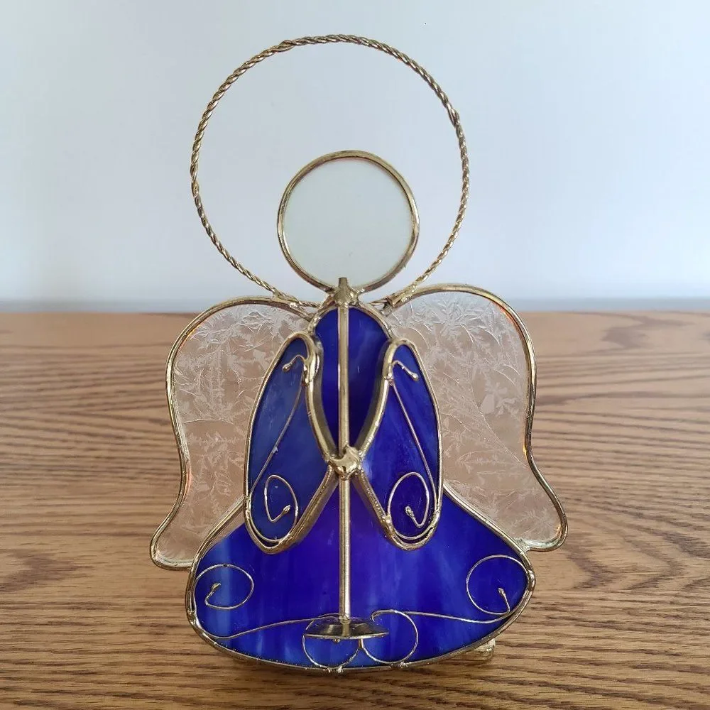 Vintage Stained Glass Tealight Holder Angel Trumpet Candle Display Cobalt Blue